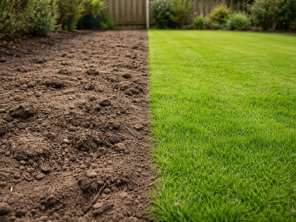 Linker deel met aarde en een vage wortelstructuur, rechter deel met fris gazon-gevoel voor gras-mix in de tuin.