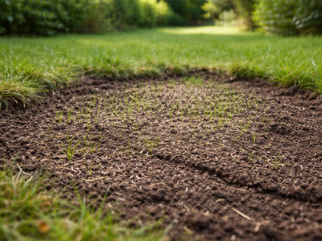 Ineengezaaide graszaden op kale grond met jonge gras-scheuten, net na gazonherstel in Nederland
