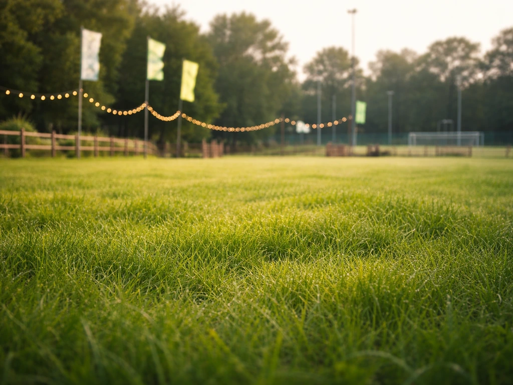 Groene festivalweide met vers gras en heldergroene vlaggen bij Sportpark Lepelstraatse Boys, Lepelstraat.