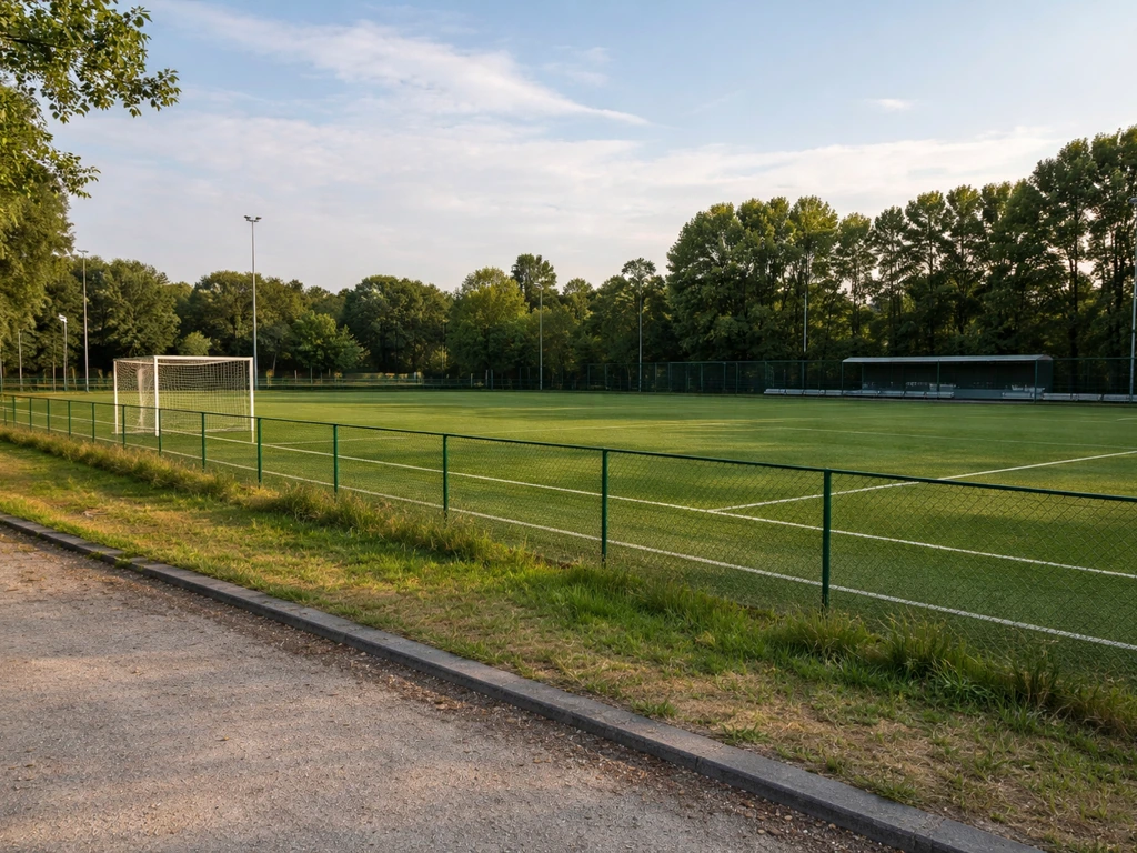 Zijaanzicht van een sportpark in Lepelstraat met leeg voetbalveld en doel, passend bij juni 2024.