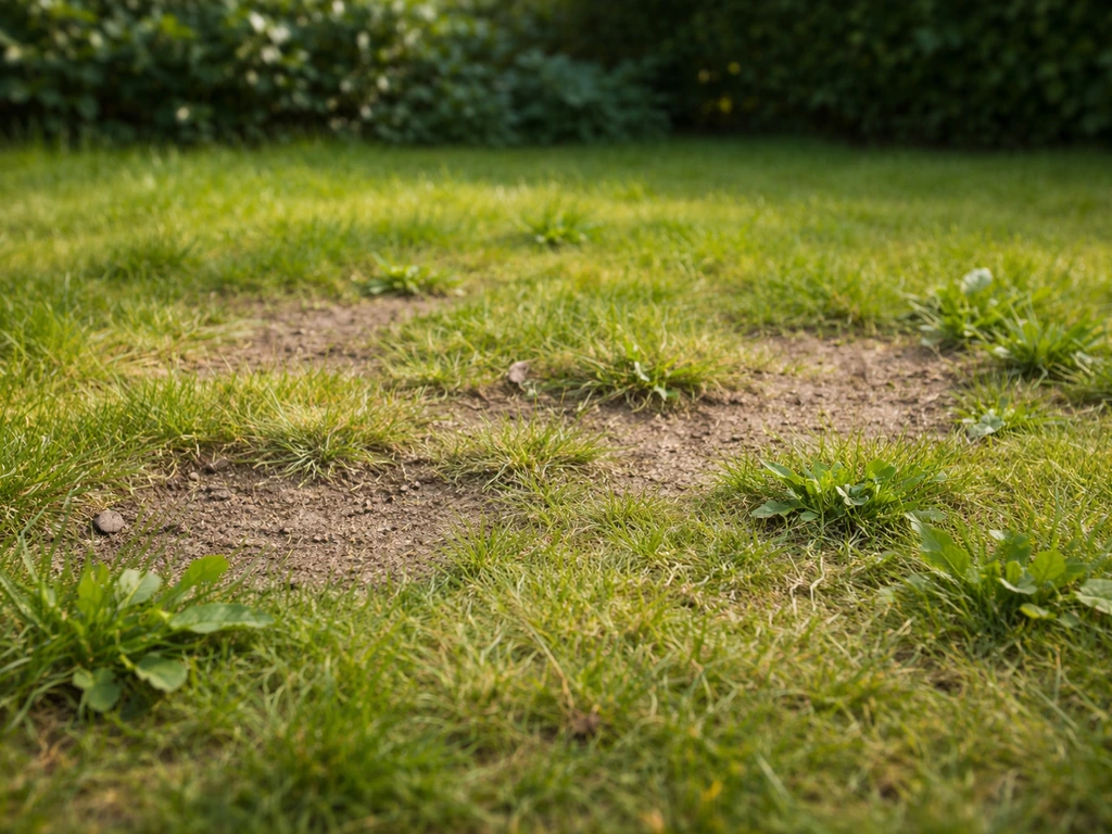 Geel gras met kale plekken en zichtbaar onkruid in een eenvoudig gazon, klaar voor aanpak.