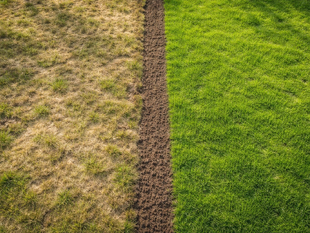Bovenaanzicht van een gazon met bruine dorre plekken en frisse groene hergroei na herstel in de tuin.