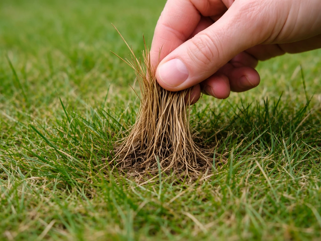 Hand trekt een handvol bruine, papierachtige grassprieten los om verdroogd van echt dood gras te onderscheiden.