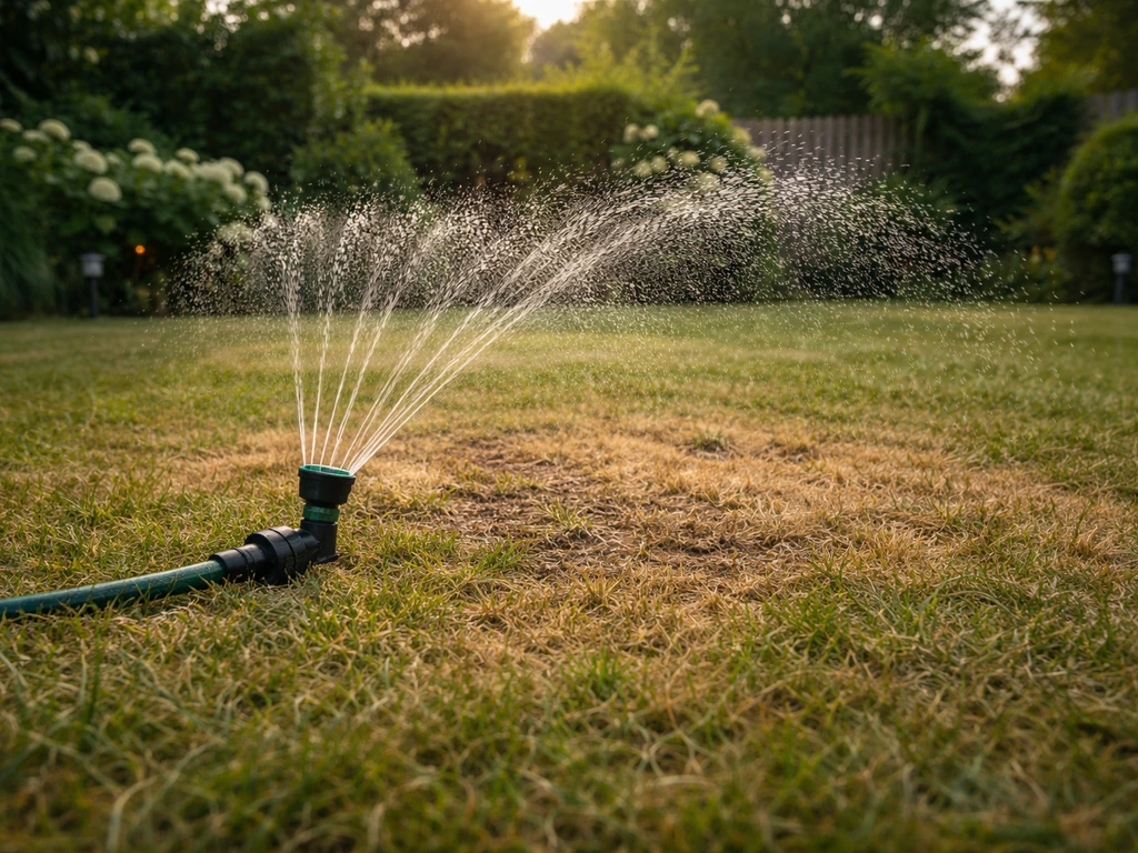 Wijdhoekfoto van een dor gazon tijdens het vroege ochtend- of avondwater geven met een beregeningsinstallatie