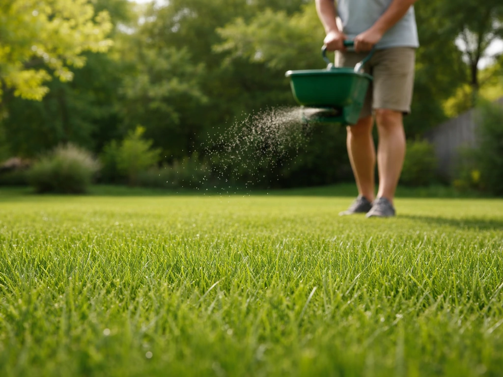 Anoniem persoon met handstrooier in een tuin, gras duidelijk rond 4 cm lengte (zomerse maaihoogte).