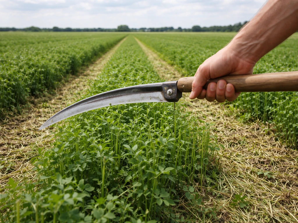 Boerenhanden maaien luzerne met goed zichtbare stoppelhoogte en verse hergroei in het veld