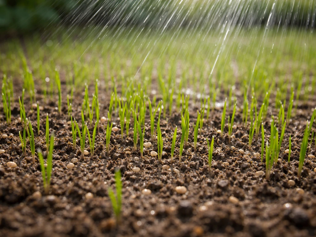 Close-up van ingezaaid jong gras dat gelijkmatig wordt besproeid in de kiemfase, met een schone, onkruidvrije bodem.