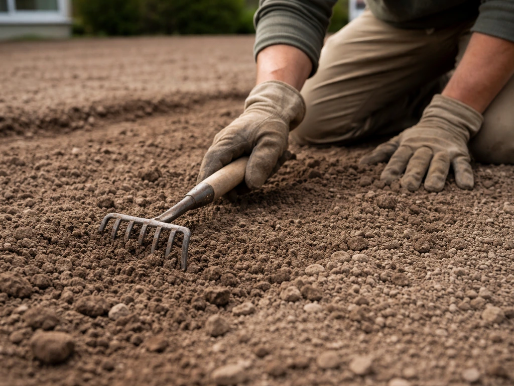Anonieme tuinier maakt een egale, losgemaakte toplaag klaar voor nieuw gras, met focus op de bodemstructuur.