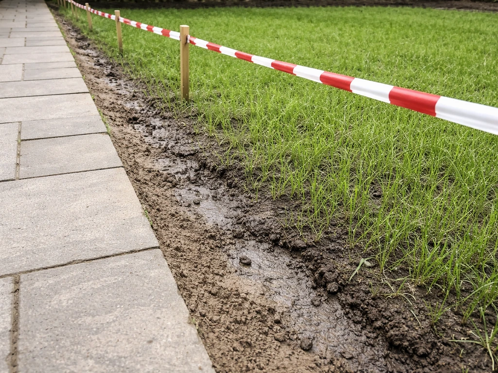 Tuinpad naast nieuw gras; een afgezet werkzone met zichtbare jonge grasmat en natte bodem, belopen vermijden.