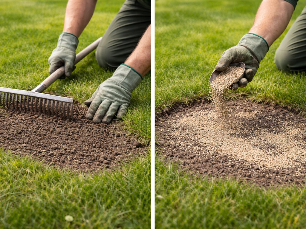 Tuinman harkt een kale plek in het gazon en zaait daarna, met toplaagbedekking in de achtergrond.