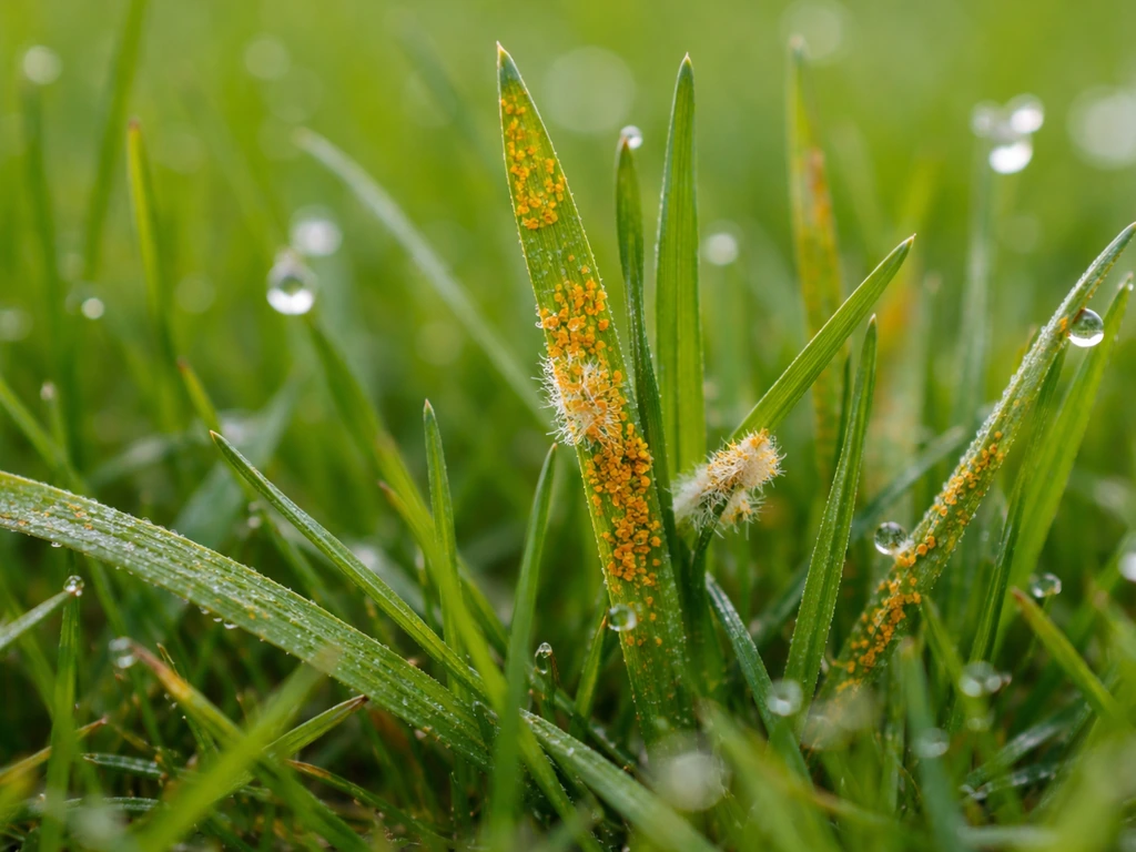 Close-up van jong gras met oranje roestplekken en schimmelvlekjes op de grassprieten