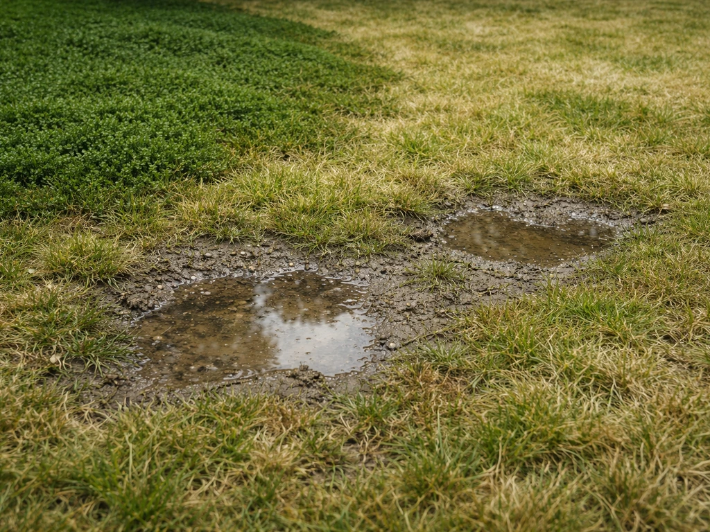Gazon met een permanent donkergroen, mosachtig deel en omliggende vergeelde plekken, met lichte plaskuilen.