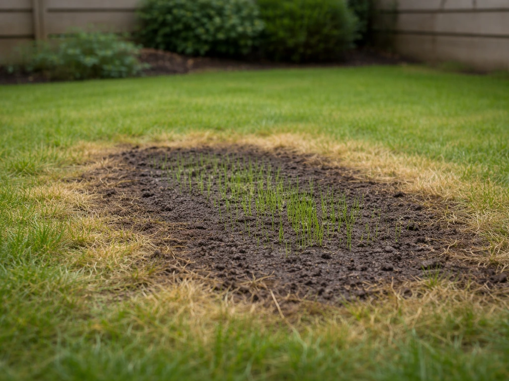 Tuin met kale en gele grasplekken die zichtbaar herstellen na beluchten/doorzaaien en water geven