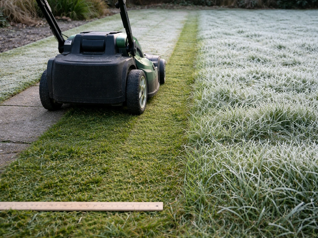 Elektrische gazonmaaier die een bevroren gazon op circa 4–5 cm afmaait, met kort en langer gras naast elkaar.