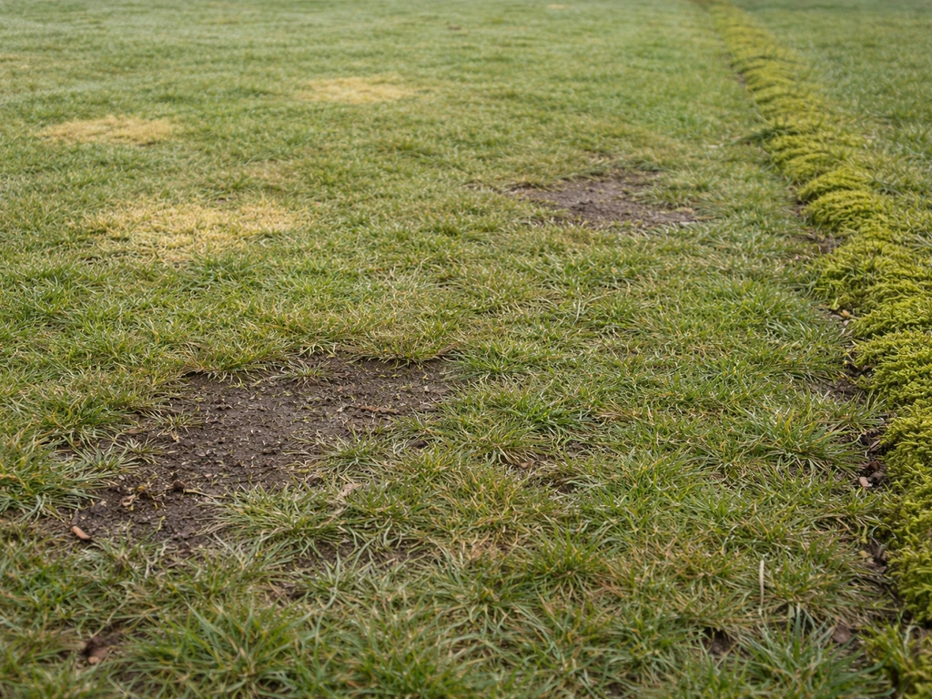 Gazontje met winterproblemen: gele matte vlekken, kale plekken en een strook mos op Engels gras