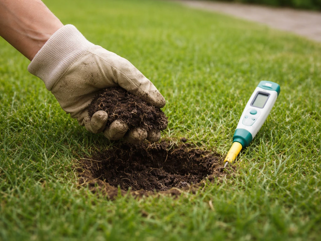 Hand met bodemmonster uit gazon en pH-teststrip/pH-meter op gras voor bodem- en pH-check